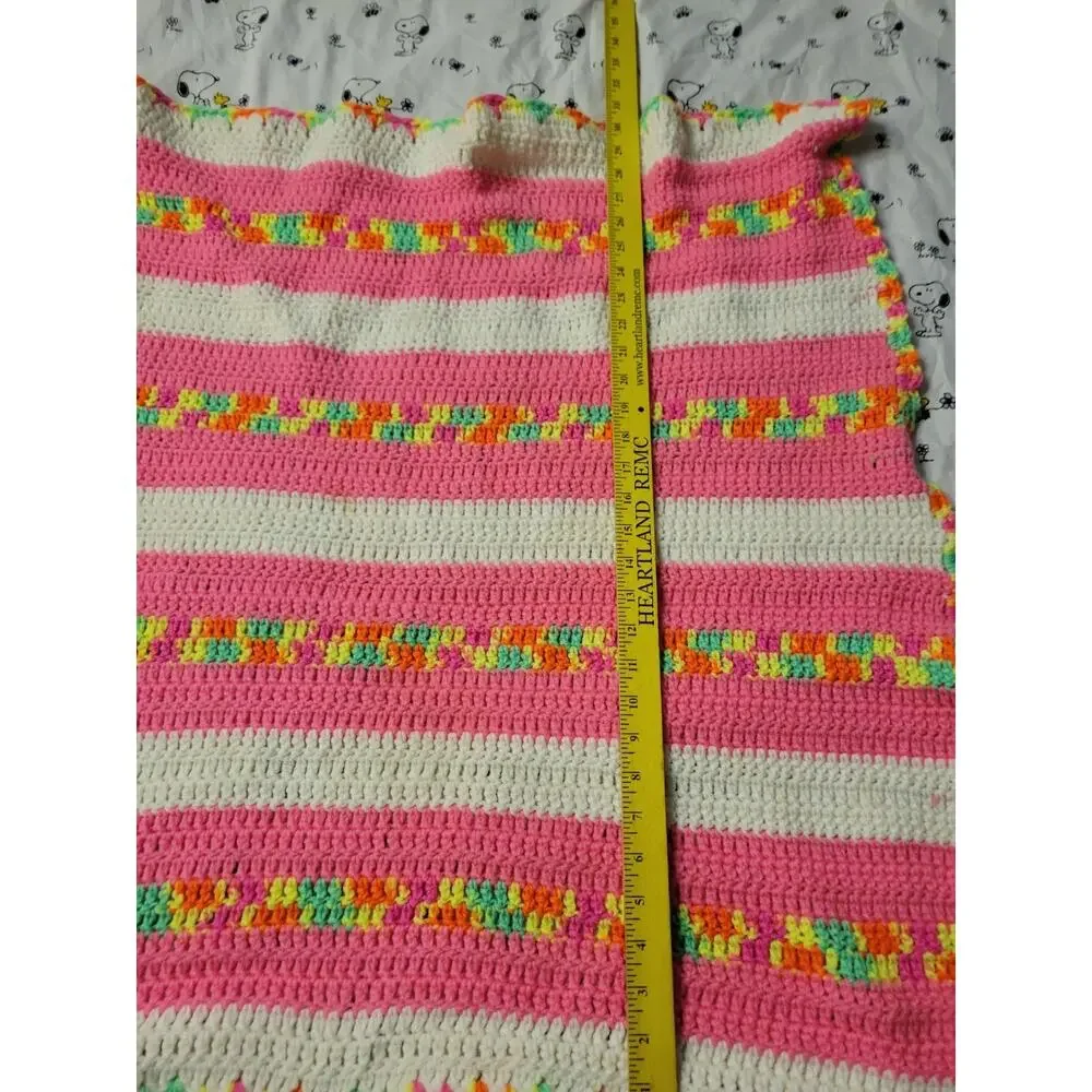 Vtg Hand-Crocheted Baby Crib Quilt Blanket Nursery Decor Swaddling Wrap Neon Pin